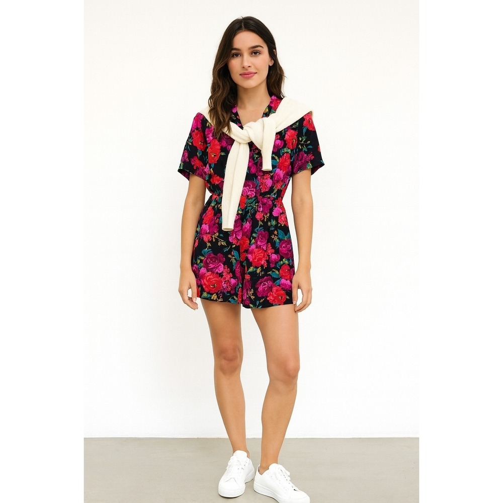 Vintage Floral Romper 80s Black V-Neck Short Sleeve Boho Festival Retro Summer M